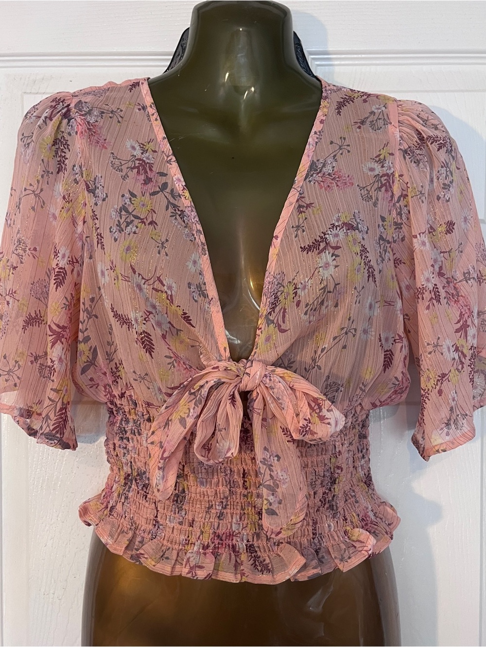 Timing Pink Floral Tie-Front Smocked Blouse